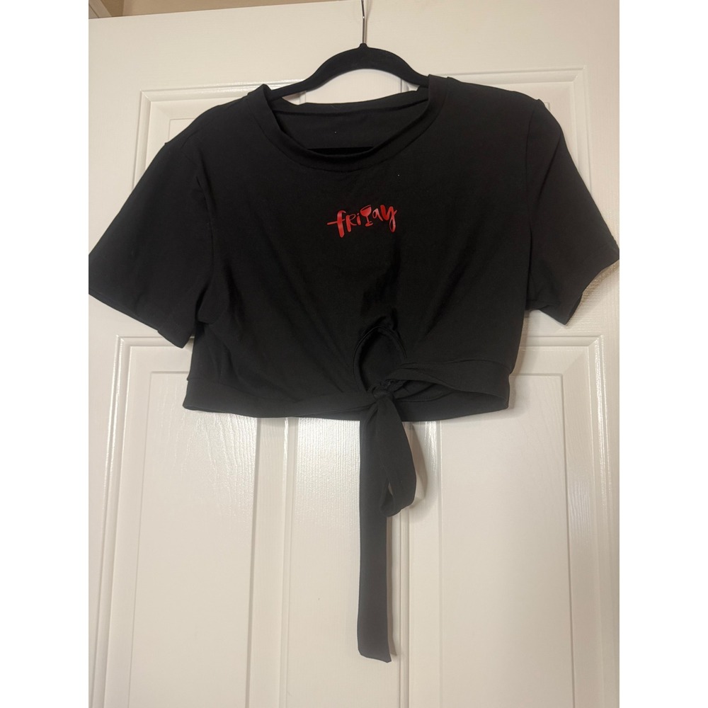 Black Fri-yay Graphic Crop Top Front Tie Knot Short Sleeve 1XL